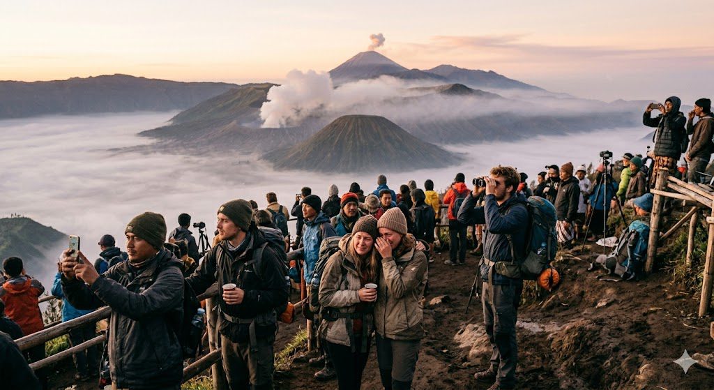Overland travelers watching sunrise in East Java