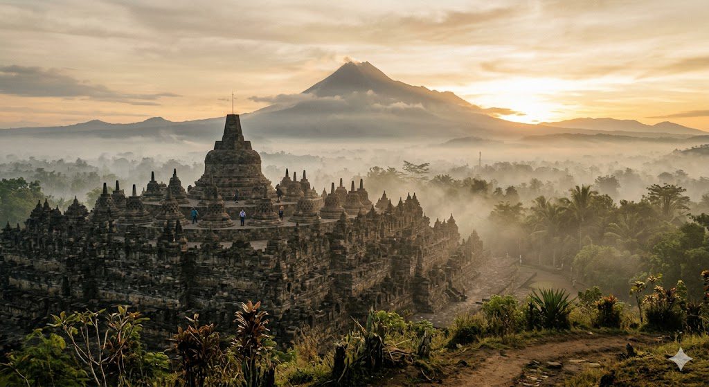 Borobudur Temple and Mount Merapi in Central Java Indonesia