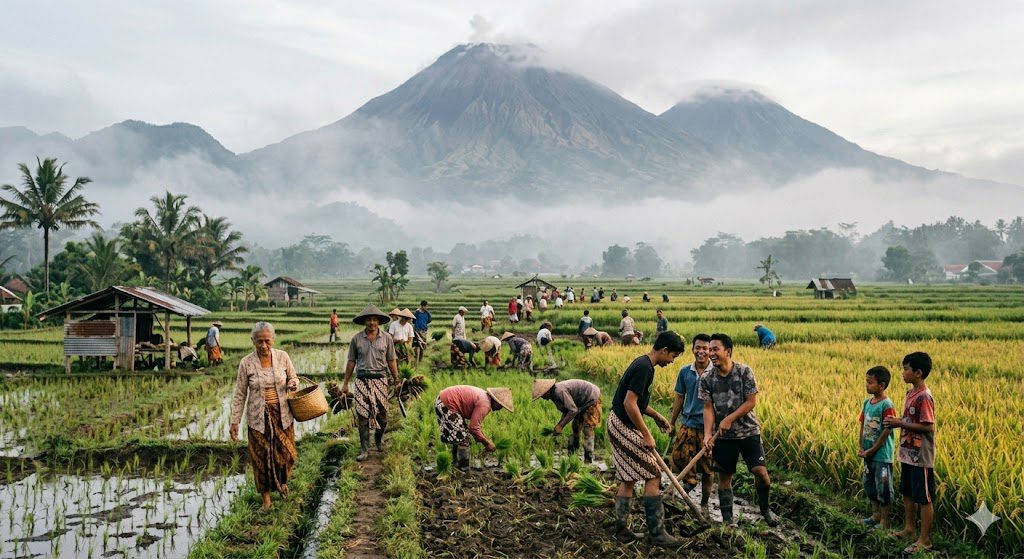 Farmers working near volcano in East Java