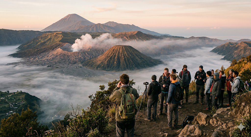 Mount Bromo sunrise landscape during overland travel across Java Indonesia