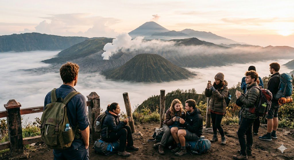 Travelers watching sunrise at Mount Bromo East Java