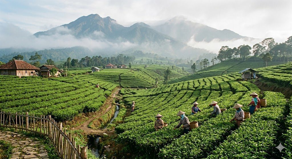 Tea plantations and volcanic mountains in West Java Indonesia