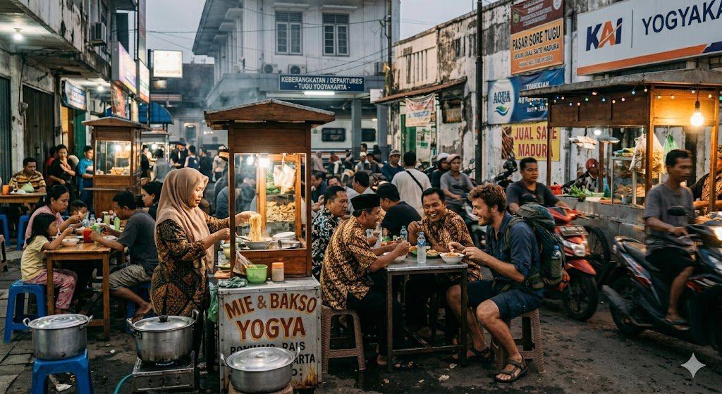 Backpacker eating street food in Yogyakarta
