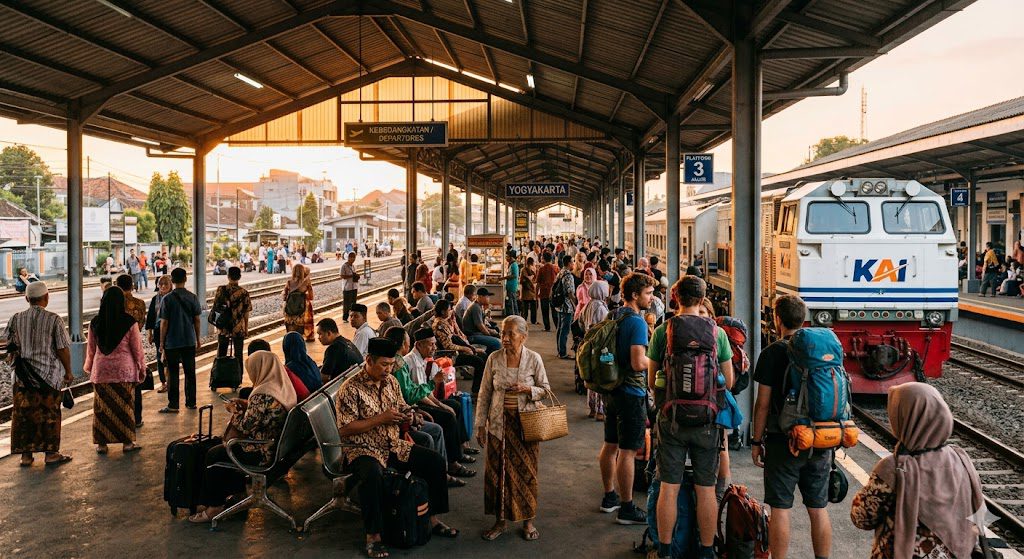 Travelers at Yogyakarta train station in Java